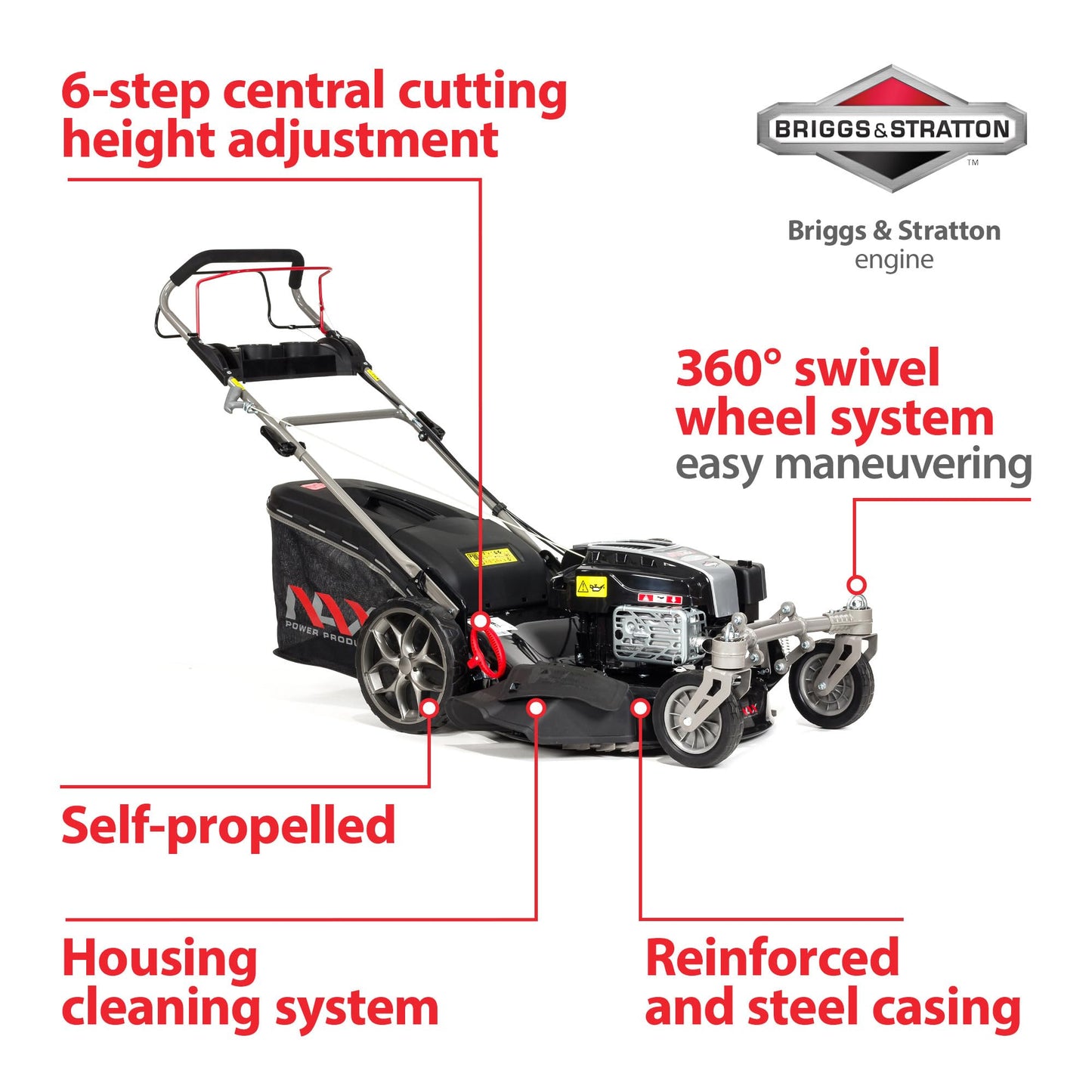 Tondeuse à gazon à essence NAX 5000S – 56 cm, Panier 75L