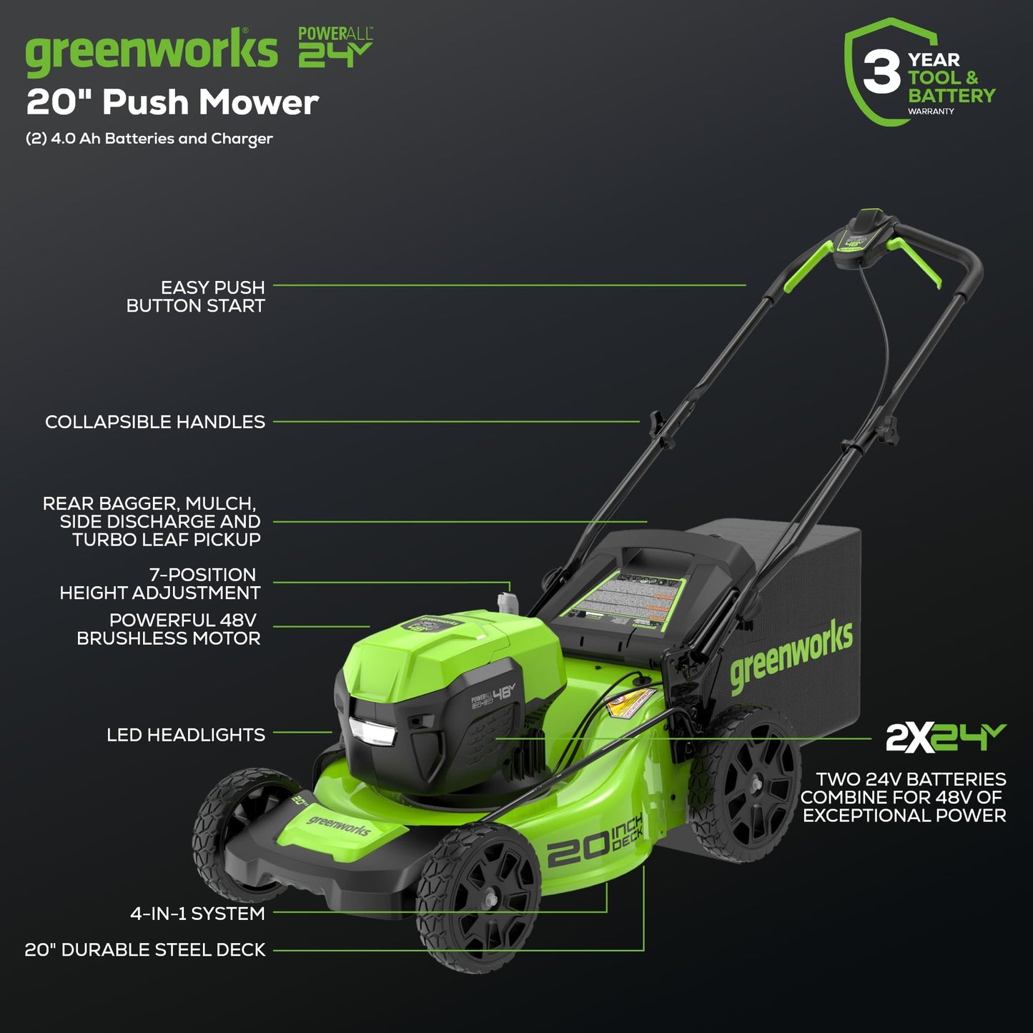 Tondeuse à pousser Greenworks 48V Brushless – 20