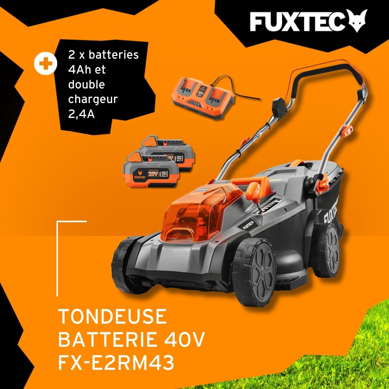 Tondeuse sans fil FUXTEC 40V E2RM43 – 43 cm, Bac 40L, Hauteur réglable