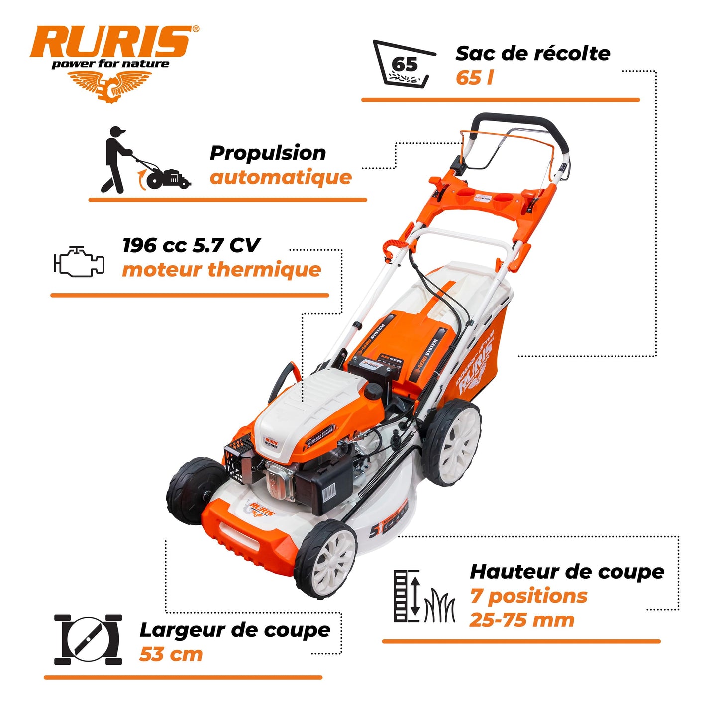 Tondeuse à gazon thermique RURIS RX500S – 196cc, 5 en 1 Mulching