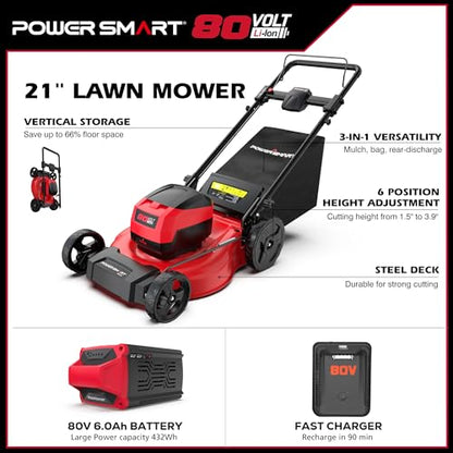 Tondeuse sans fil Powersmart 80V – 53,3 cm, Batterie 6,0Ah incluse