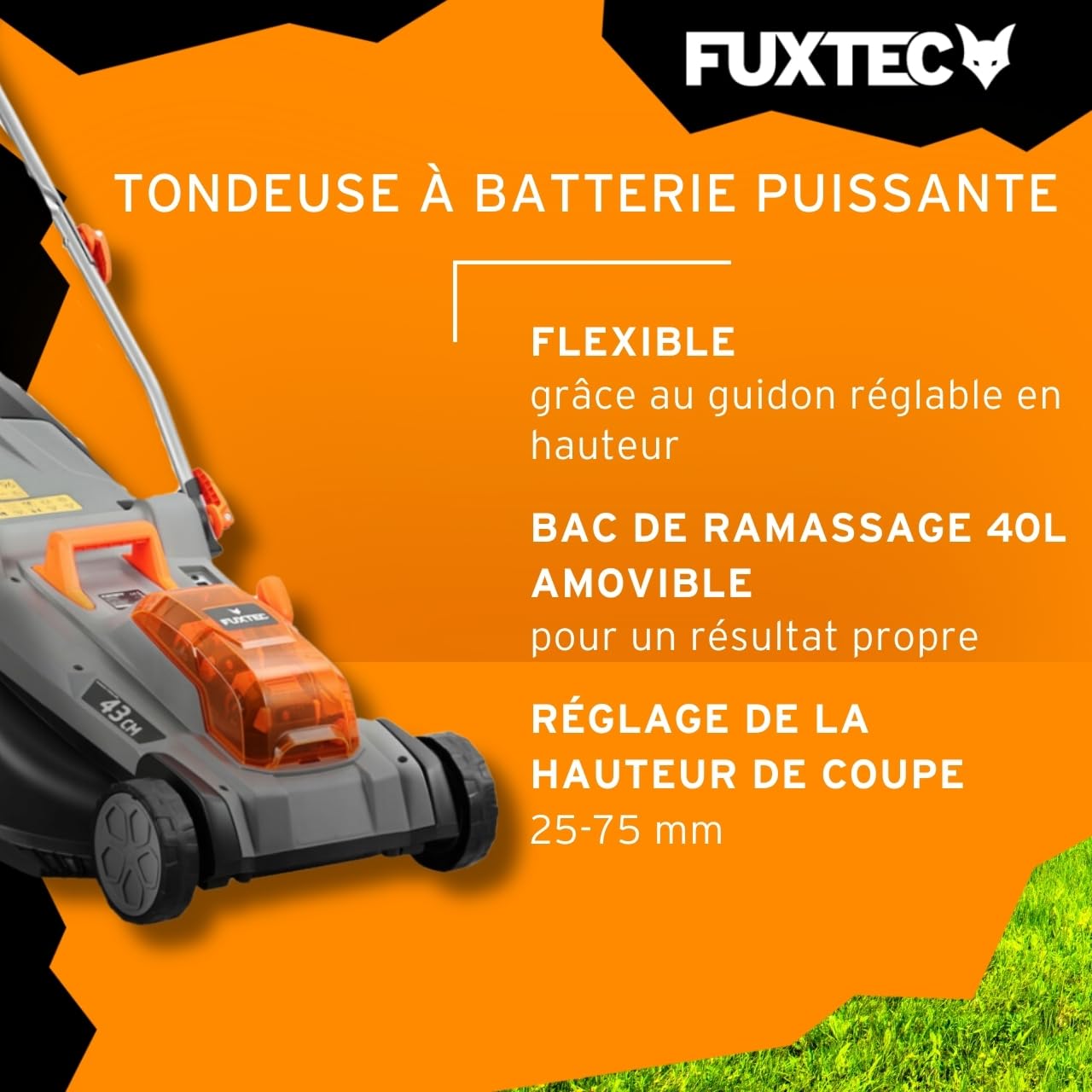 Tondeuse sans fil FUXTEC 40V E2RM43 – 43 cm, Bac 40L, Hauteur réglable