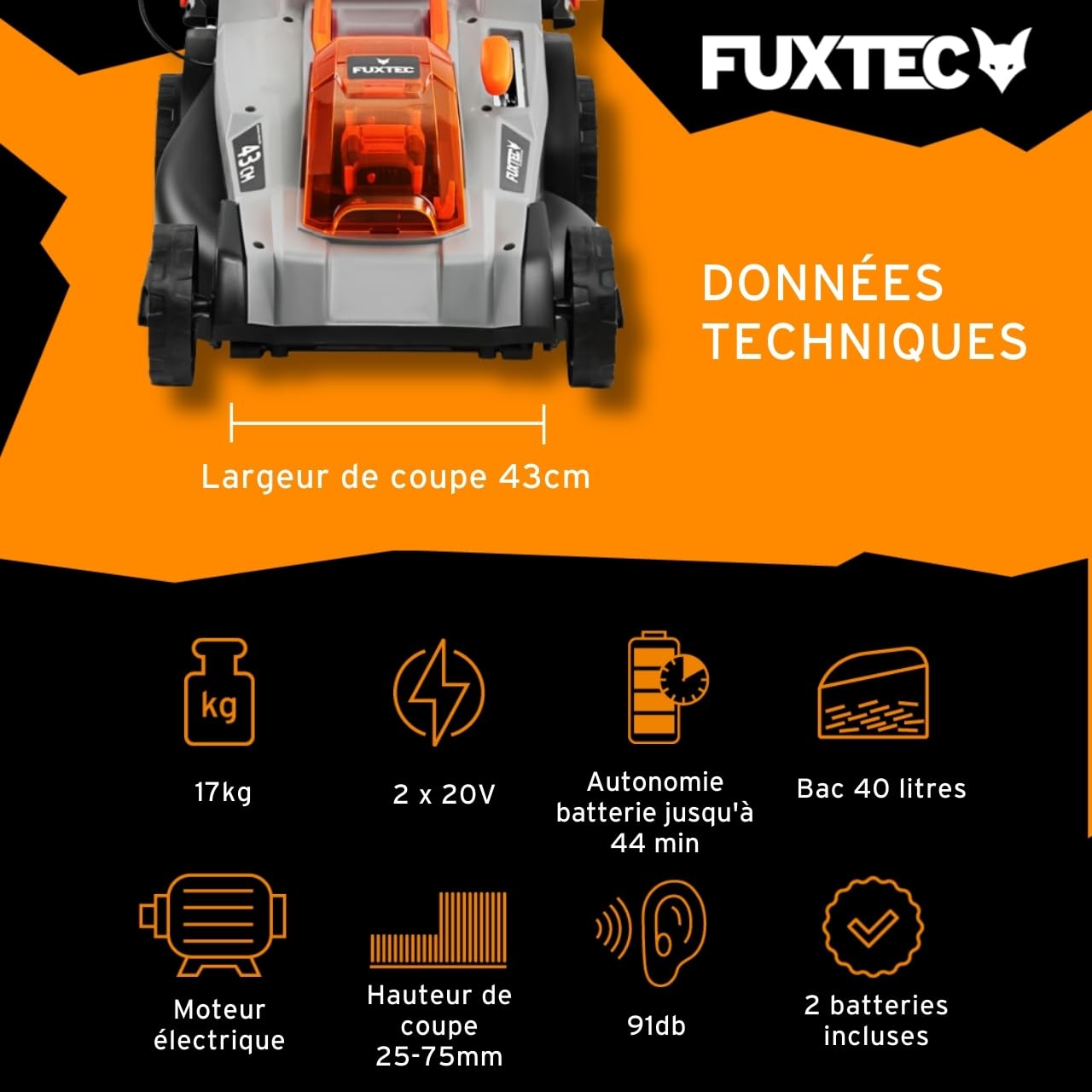 Tondeuse sans fil FUXTEC 40V E2RM43 – 43 cm, Bac 40L, Hauteur réglable