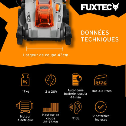 Tondeuse sans fil FUXTEC 40V E2RM43 – 43 cm, Bac 40L, Hauteur réglable