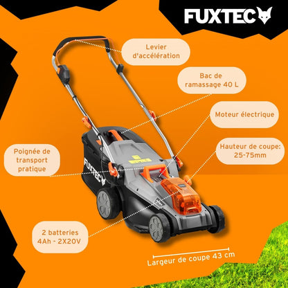 Tondeuse sans fil FUXTEC 40V E2RM43 – 43 cm, Bac 40L, Hauteur réglable