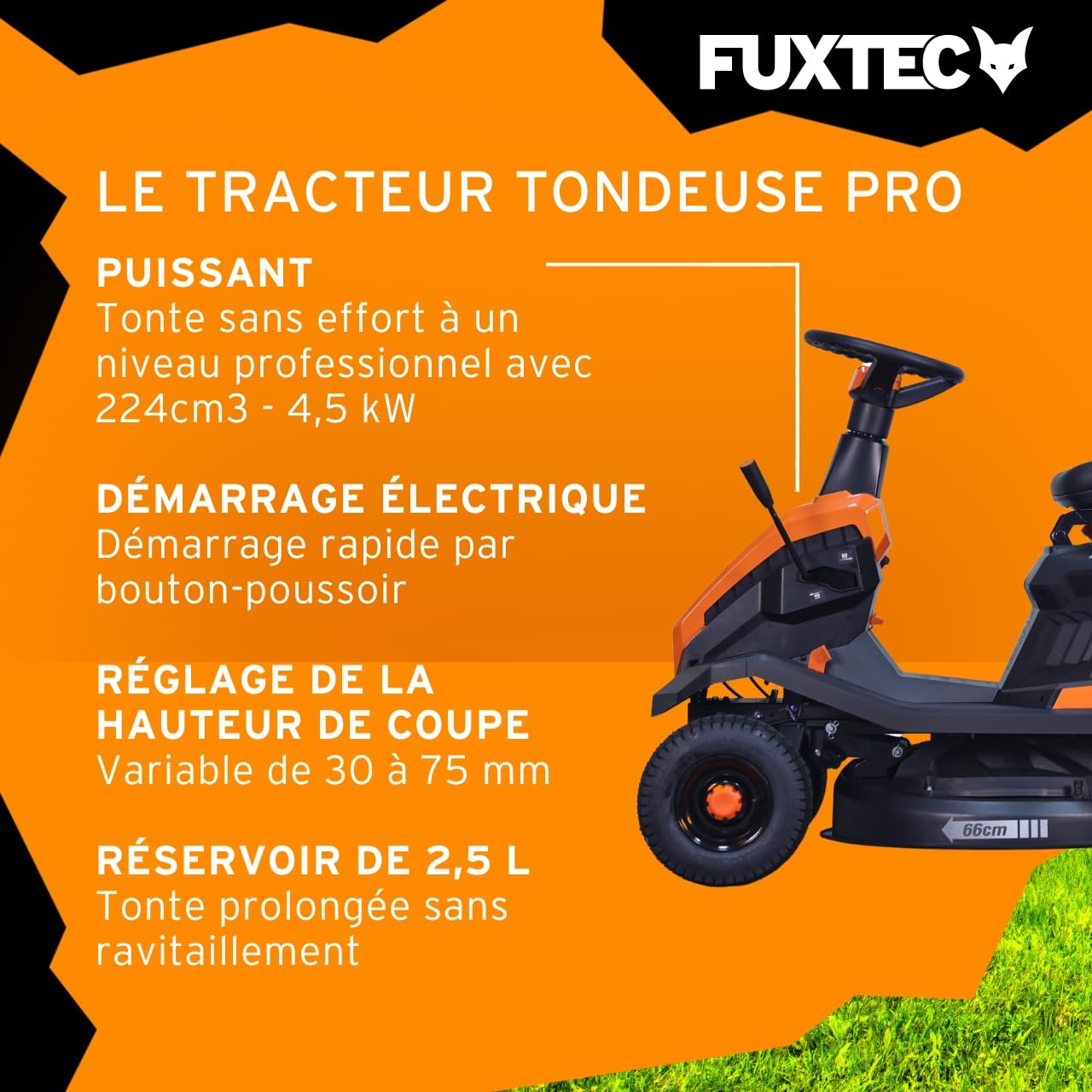 Tondeuse autoportée FUXTEC FX-RMR66 – Coupe 66 cm, Moteur 6 CV
