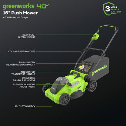 Tondeuse sans fil Greenworks 40V – 16'', Batterie 4,0Ah et Chargeur inclus