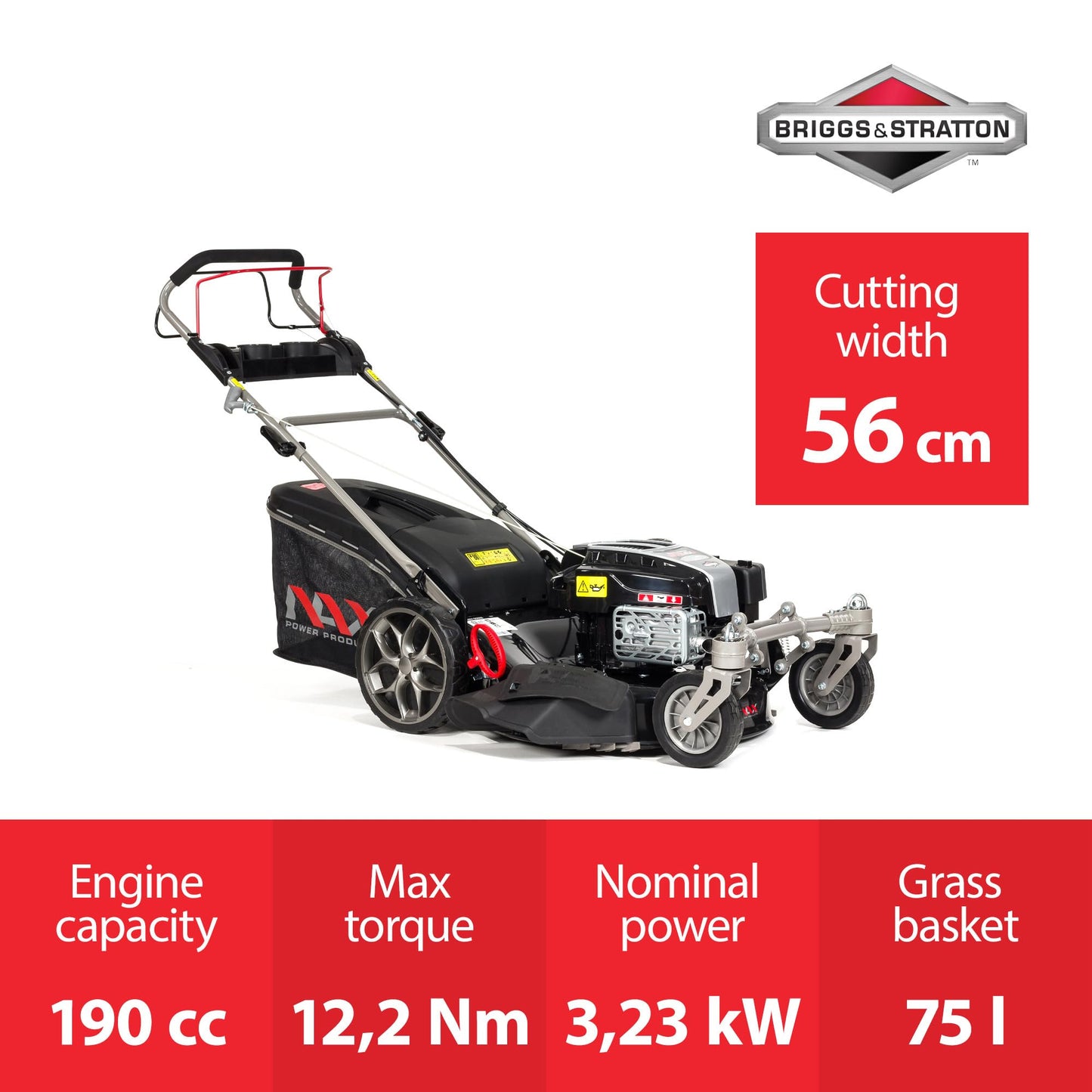 Tondeuse à gazon à essence NAX 5000S – 56 cm, Panier 75L