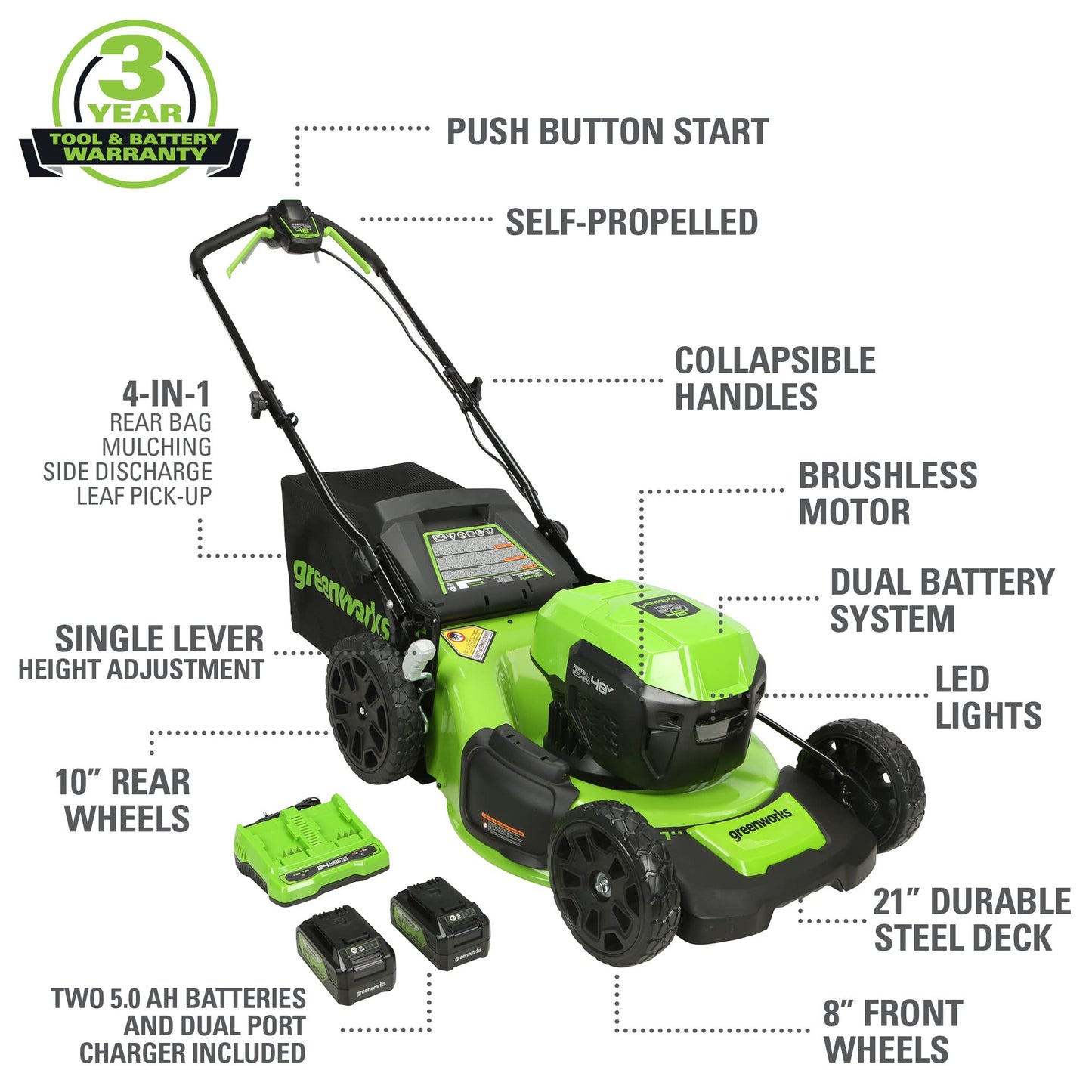 Lot 2 Tondeuses Greenworks 53,3 cm – Sans balais, 48V, Batteries 5,0Ah incluses