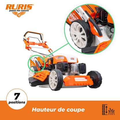 Tondeuse à gazon thermique RURIS RX500S – 196cc, 5 en 1 Mulching