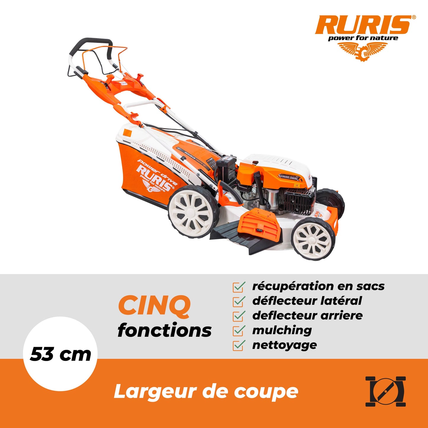 Tondeuse à gazon thermique RURIS RX500S – 196cc, 5 en 1 Mulching