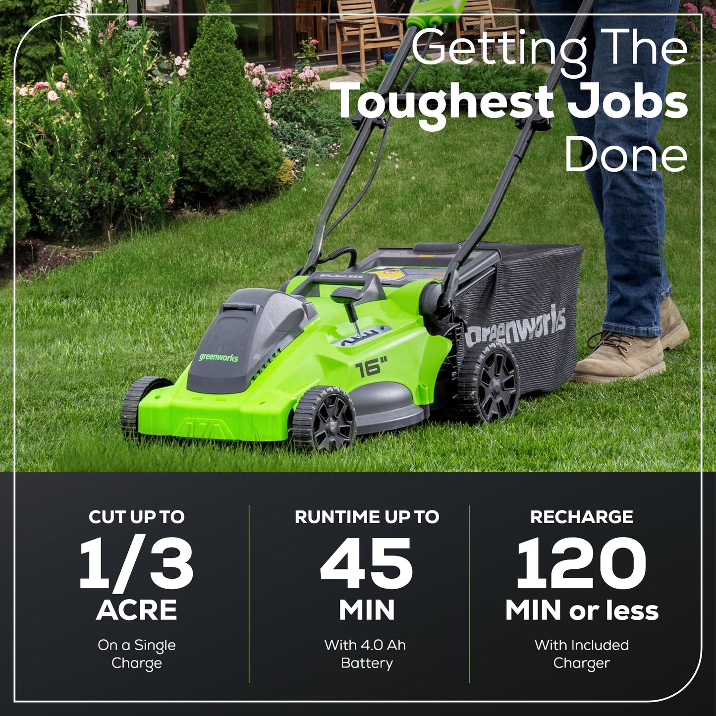Tondeuse sans fil Greenworks 40V – 16'', Batterie 4,0Ah et Chargeur inclus