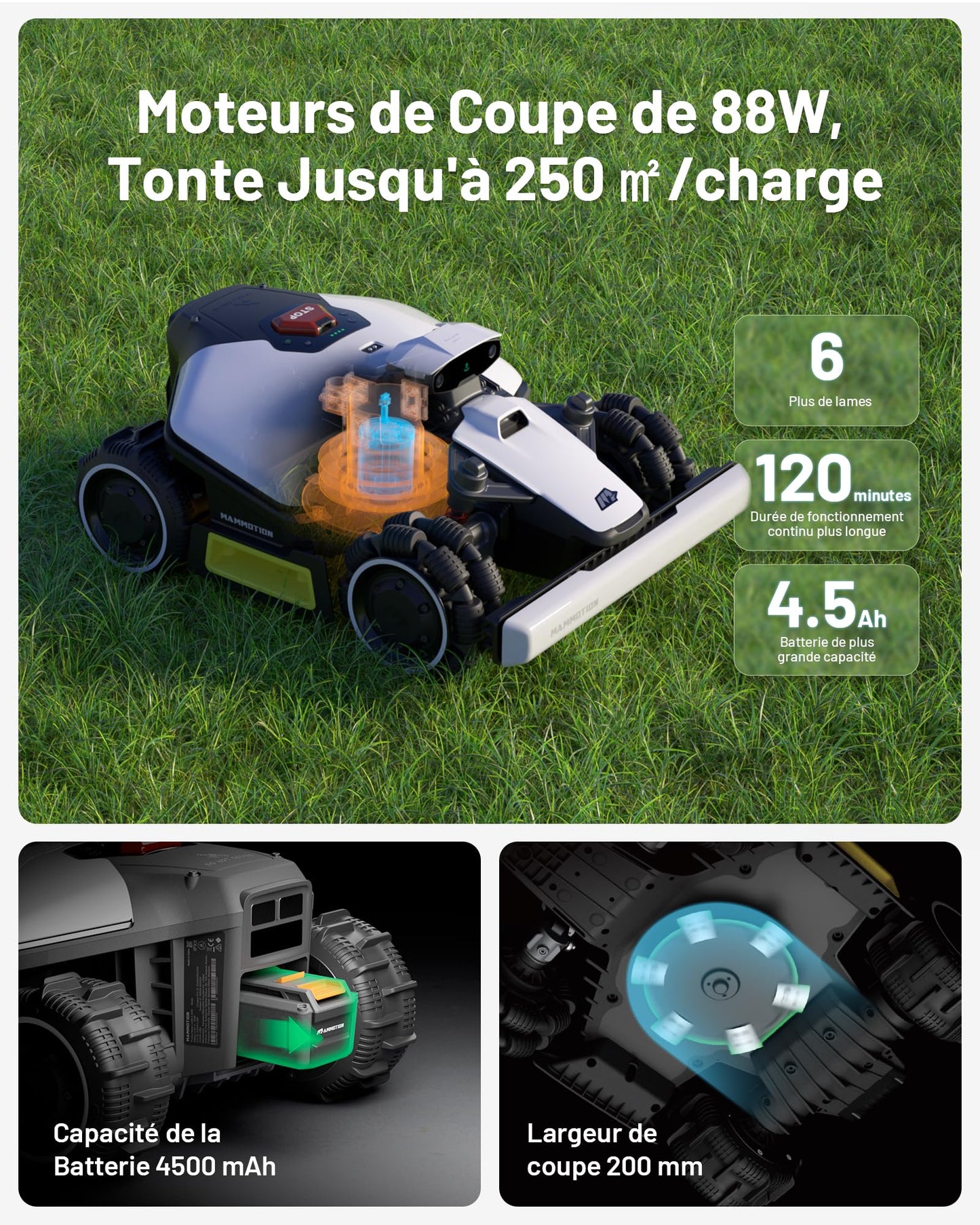 Robot tondeuse MAMMOTION LUBA Mini AWD 800 – 800 m², RTK+Vision, Pentes 80%