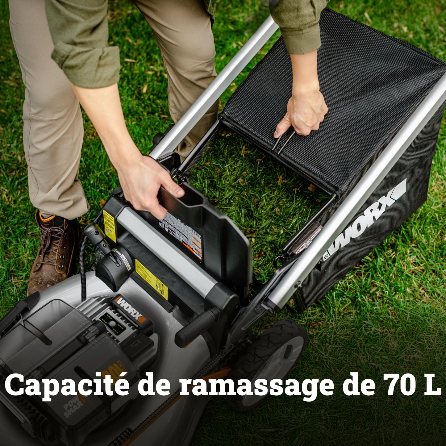 Tondeuse sans fil WORX WG761E 80V – 51 cm, Sac 70L, Mulching, 4 Batteries incluses